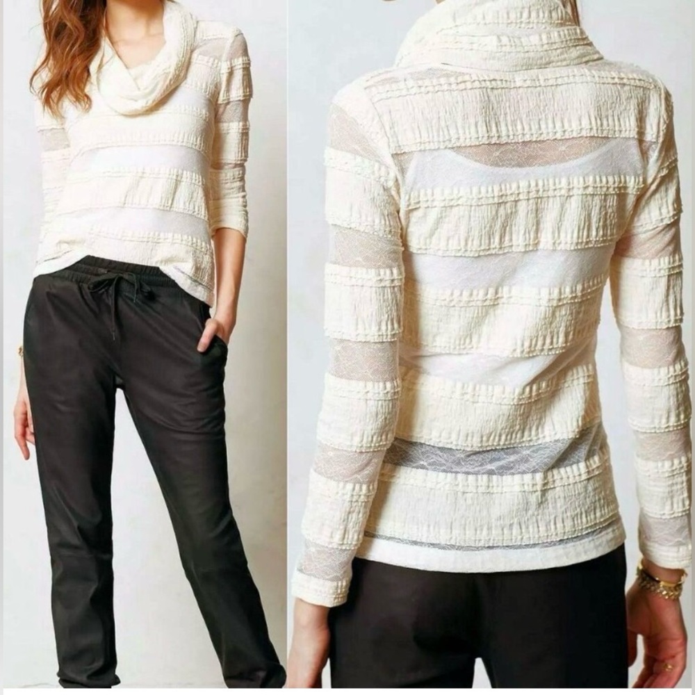 Anthropologie Tiny Pieced Lace Striped Cowl Neck Top